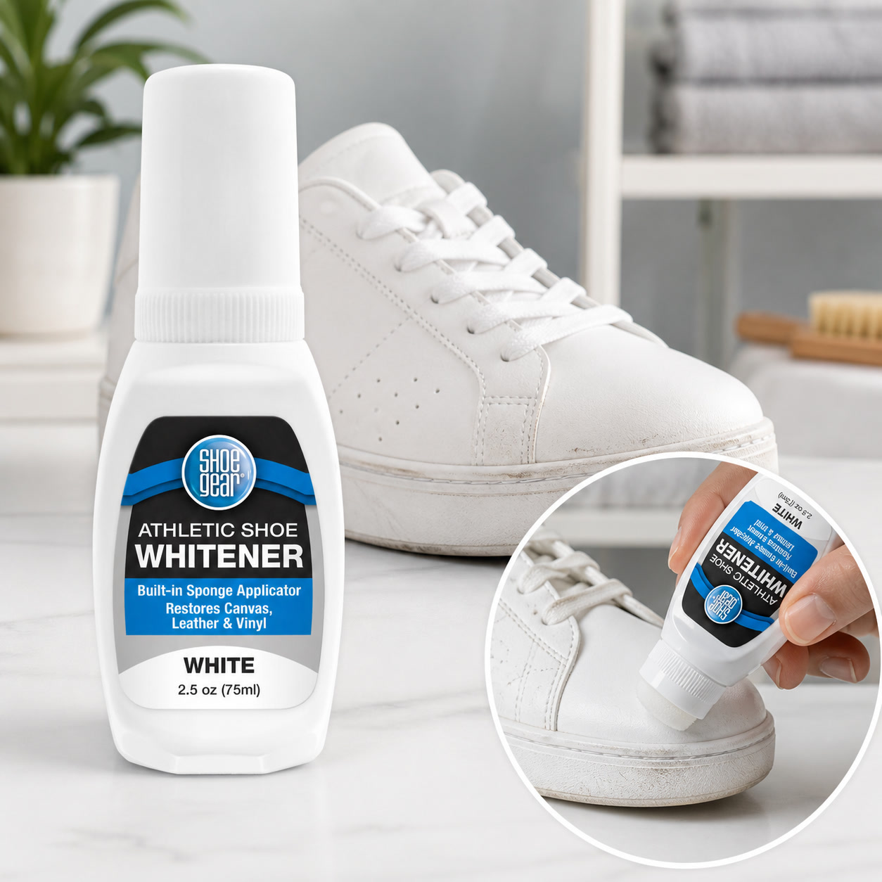 Sneaker Care Whitener - น้ำยาฟอกขาวรองเท้ากีฬา 2.5 ออนซ์, น้ำยาทำความสะอาดและเพิ่มความเงางามสำหรับพื้นรองเท้าผ้าใบ ชุดดูแลรองเท้ากีฬา